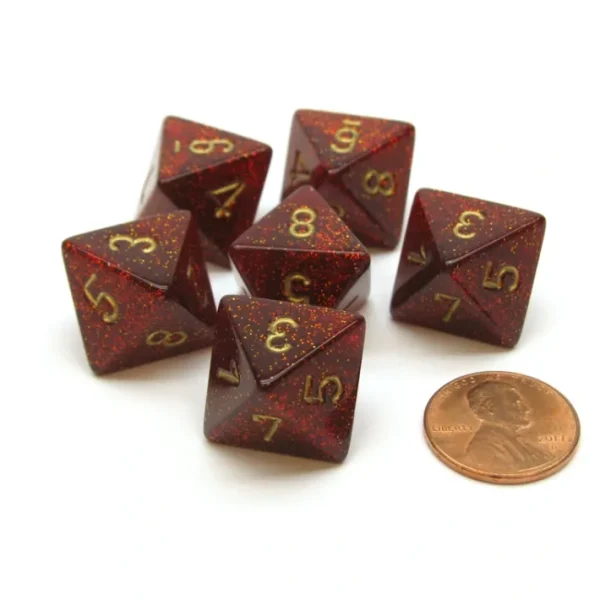 Glitter 15mm 8 Sided D8 Chessex Dice, 6 Pieces - Ruby with Gold - Your Source for Gaming Essentials Sale