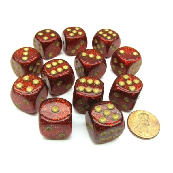 Glitter 16mm D6 Chessex Dice Block (12 Dice) - Ruby Red with Gold Numbers - Your Source for Gaming Essentials Fashion