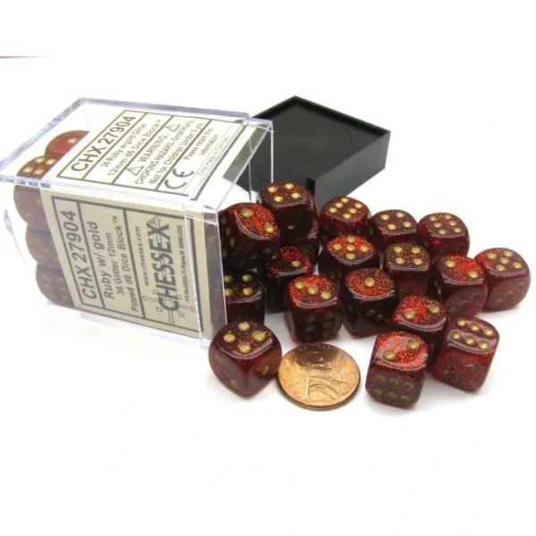 Glitter 12mm D6 Chessex Dice Block (36 Dice) -Ruby Red with Gold Pips - Your Source for Gaming Essentials Best