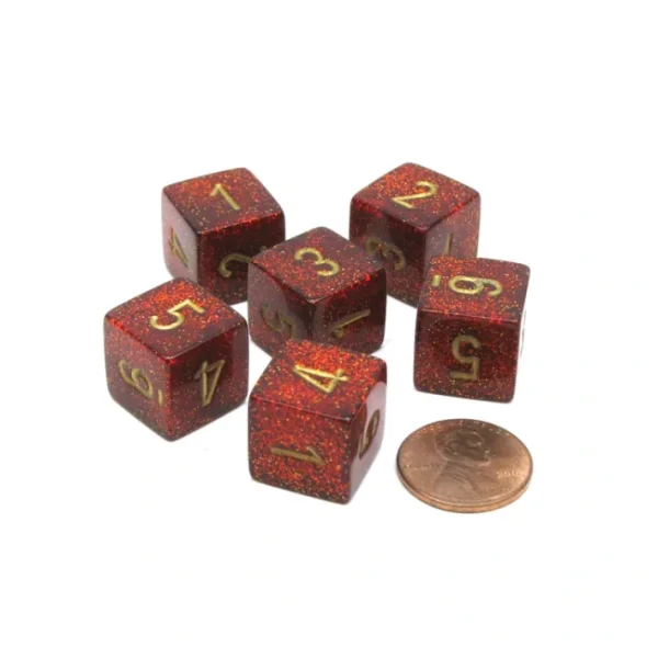 Glitter 15mm D6 Polyhedral Chessex Dice, 6 Pieces - Ruby with Gold Numbers - Your Source for Gaming Essentials Store