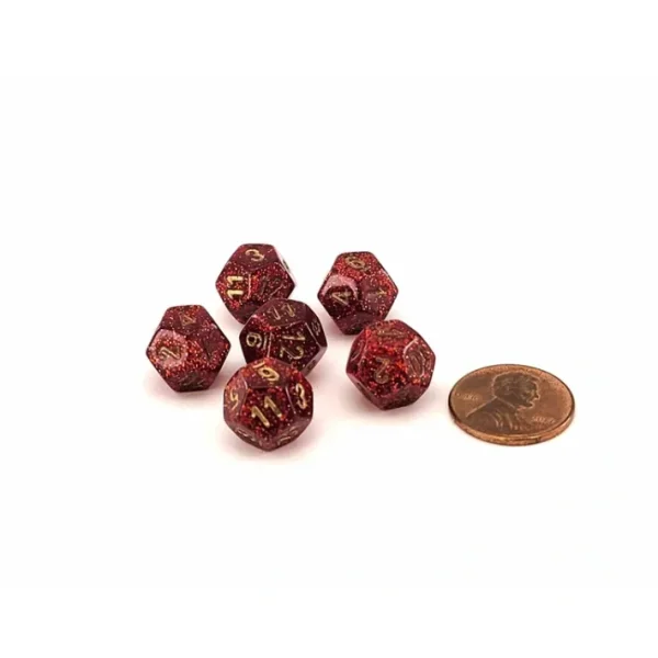 Glitter 12mm Mini 12 Sided D12 Dice, 6 Pieces - Ruby with Gold Numbers - Your Source for Gaming Essentials Online