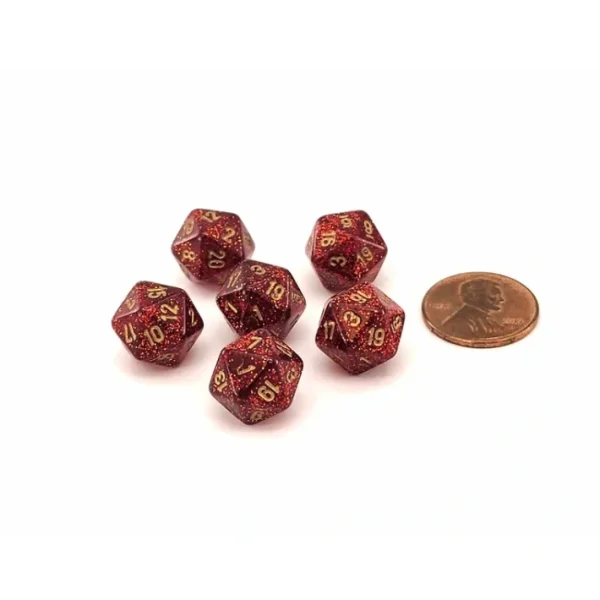 Glitter 12mm Mini 20 Sided D20 Dice, 6 Pieces - Ruby with Gold Numbers - Your Source for Gaming Essentials Hot