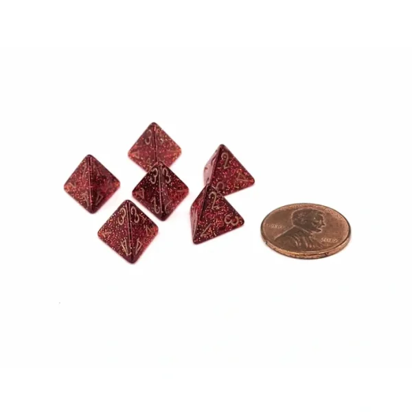Glitter 12mm Mini 4 Sided D4 Dice, 6 Pieces - Ruby with Gold Numbers - Your Source for Gaming Essentials Online