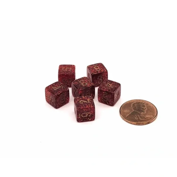 Glitter 9mm Mini 6 Sided D6 Dice, 6 Pieces - Ruby with Gold Numbers - Your Source for Gaming Essentials Flash Sale