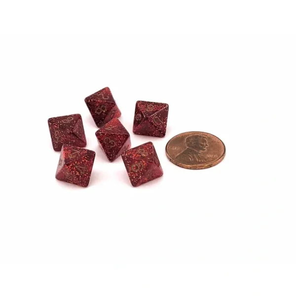 Glitter 9mm Mini 8 Sided D8 Dice, 6 Pieces - Ruby with Gold Numbers - Your Source for Gaming Essentials Outlet