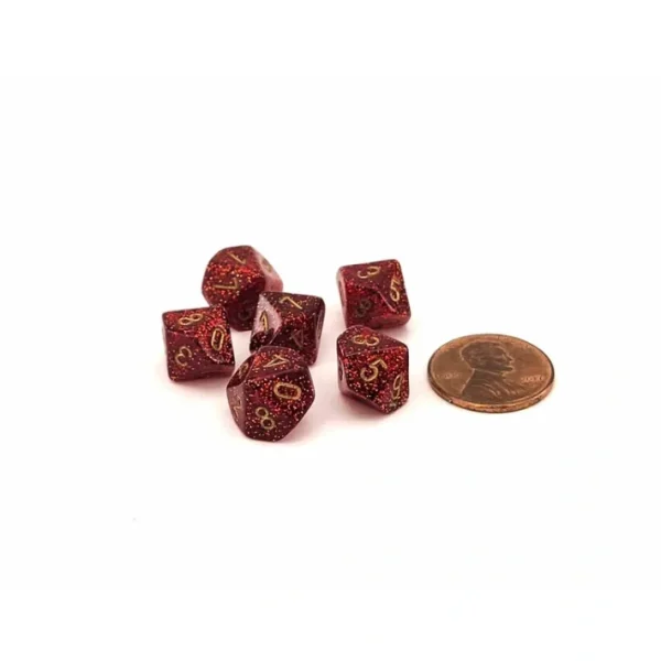 Glitter 10mm Mini 10 Sided D10 Dice, 6 Pieces - Ruby with Gold Numbers - Your Source for Gaming Essentials Fashion