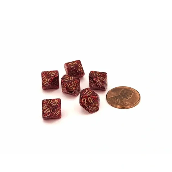 Glitter 10mm Mini Tens D10 Dice, 6 Pieces - Ruby with Gold Numbers - Your Source for Gaming Essentials Flash Sale