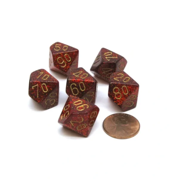 Glitter 16mm Tens D10 (00-90) Chessex Dice, 6 Pieces - Ruby with Gold Numbers - Your Source for Gaming Essentials New