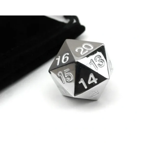 Large 22mm Zinc Metal Alloy Countdown D20 Dice w Black Bag, 1 Pc - White Numbers - Your Source for Gaming Essentials Cheap