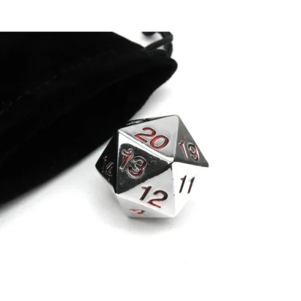 Large 22mm Zinc Metal Alloy Countdown D20 Dice with Black Pippd Bag- Red Numbers - Your Source for Gaming Essentials Shop