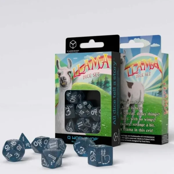 Llama 7 Piece Polyhedral RPG Dice Set - Shimmering, Glittering Dark Blue with White Numbers - Your Source for Gaming Essentials Cheap