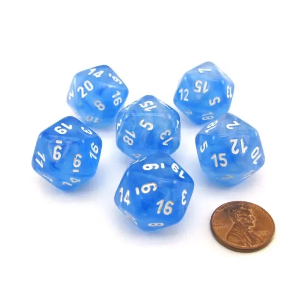 Luminary Borealis 20 Sided D20 Dice, 6 Pieces - Sky Blue with White Numbers - Your Source for Gaming Essentials Discount