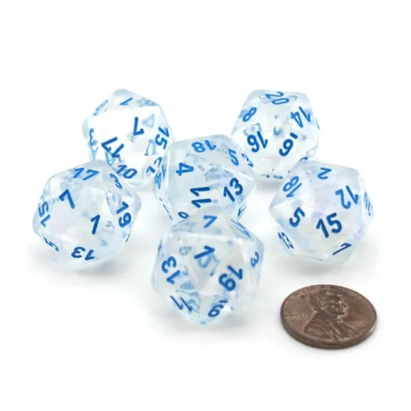 Luminary Borealis 20 Sided D20 Dice, 6 Pieces - Icicle with Light Blue Numbers - Your Source for Gaming Essentials Outlet