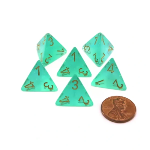 Luminary Borealis 18mm 4 Sided D4 Dice, 6 Pieces - Light Green with Gold Numbers - Your Source for Gaming Essentials Outlet