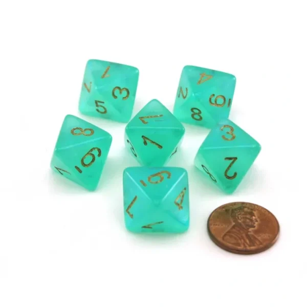 Luminary Borealis 15mm 8 Sided D8 Dice, 6 Pieces - Light Green with Gold Numbers - Your Source for Gaming Essentials Online