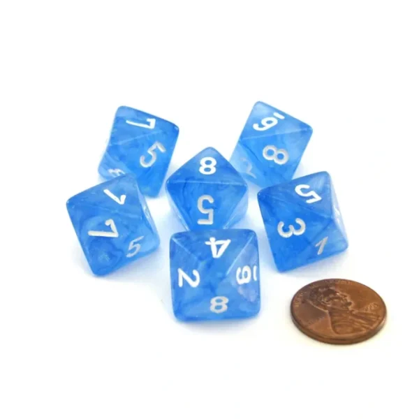 Luminary Borealis 15mm 8 Sided D8 Dice, 6 Pieces - Sky Blue with White Numbers - Your Source for Gaming Essentials New