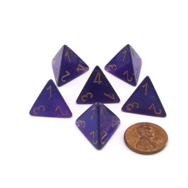 Luminary Borealis 18mm 4 Sided D4 Dice, 6 Piece - Royal Purple with Gold Numbers - Your Source for Gaming Essentials Clearance