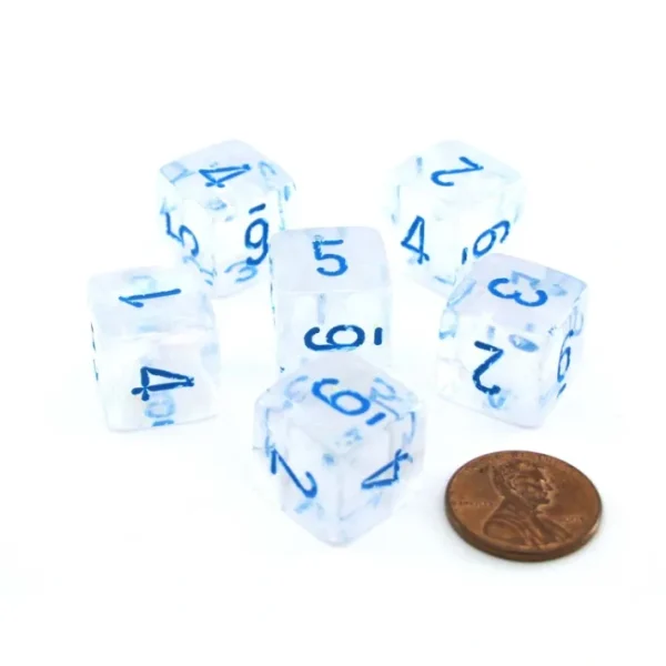 Luminary Borealis 15mm 6 Sided D6 Dice, 6 Piece - Icicle with Light Blue Numbers - Your Source for Gaming Essentials New