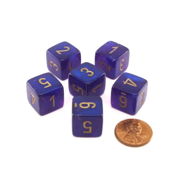 Luminary Borealis 15mm 6 Sided D6 Dice, 6 Piece - Royal Purple with Gold Numbers - Your Source for Gaming Essentials Cheap
