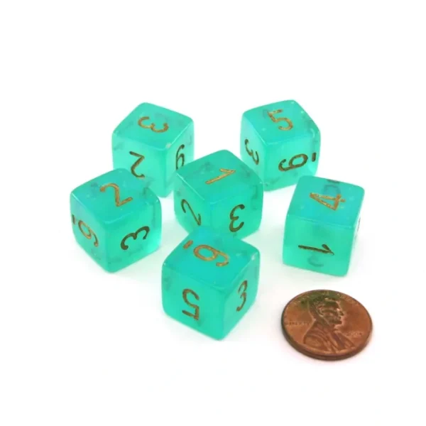 Luminary Borealis 15mm 6 Sided D6 Dice, 6 Pieces - Light Green with Gold Numbers - Your Source for Gaming Essentials Flash Sale