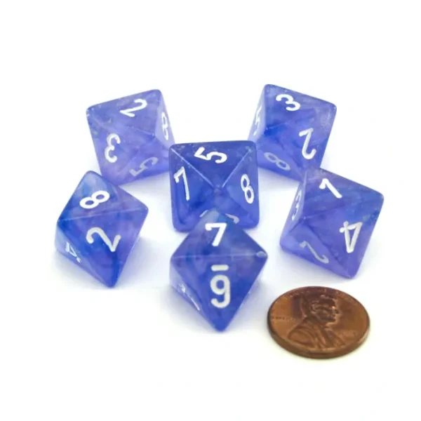 Luminary Borealis 15mm 8 Sided D8 Dice, 6 Pieces - Purple with White Numbers - Your Source for Gaming Essentials Discount