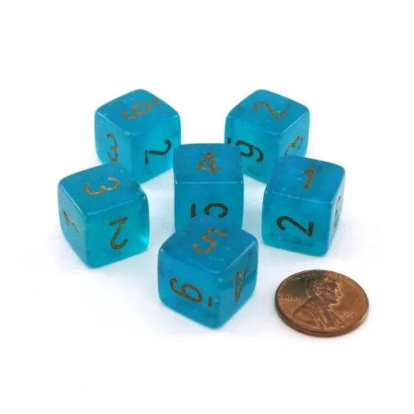 Luminary Borealis 15mm 6 Sided D6 Dice, 6 Pieces - Teal with Gold Numbers - Your Source for Gaming Essentials Cheap