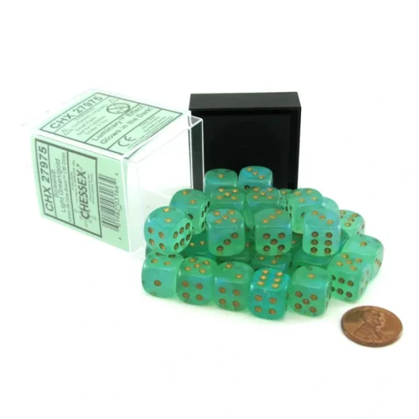 Luminary Borealis 12mm D6 Dice Block (36 Dice) - Light Green with Gold Pips - Your Source for Gaming Essentials Cheap