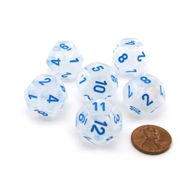 Luminary Borealis 18mm D12 Dice, 6 Pieces - Icicle with Light Blue Numbers - Your Source for Gaming Essentials Sale