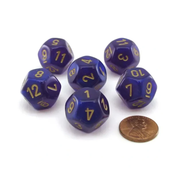 Luminary Borealis 18mm D12 Dice, 6 Pieces - Royal Purple with Gold Numbers - Your Source for Gaming Essentials Shop
