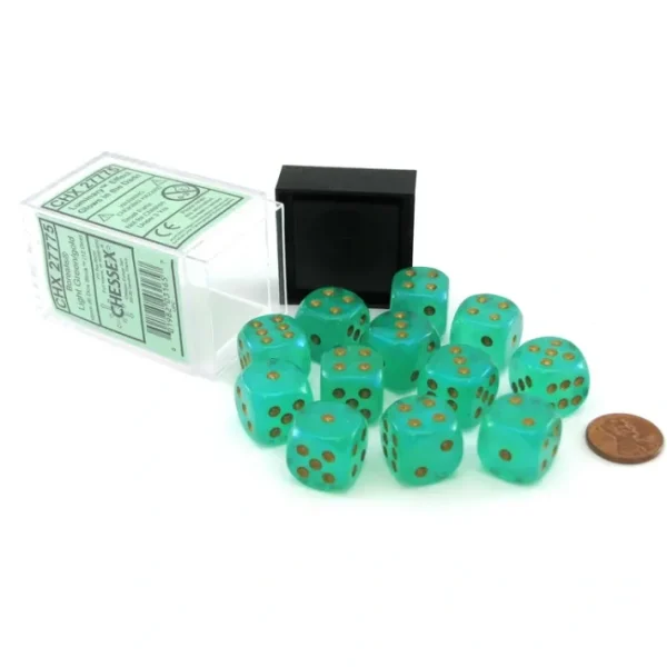 Luminary Borealis 16mm D6 Dice Block (12 Dice) - Light Green with Gold Pips - Your Source for Gaming Essentials Discount