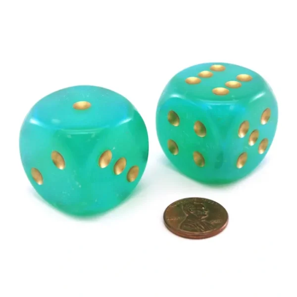 Luminary Borealis 30mm Large D6 Dice, 2 Pieces - Light Green with Gold Pips - Your Source for Gaming Essentials Shop