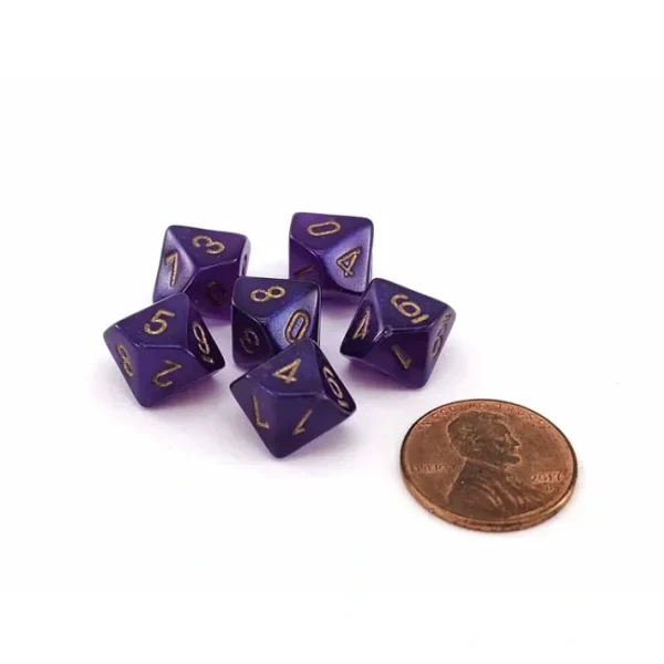 Luminary Borealis 10mm Mini 10 Sided D10 Dice, 6 Pieces - Royal Purple with Gold - Your Source for Gaming Essentials Online