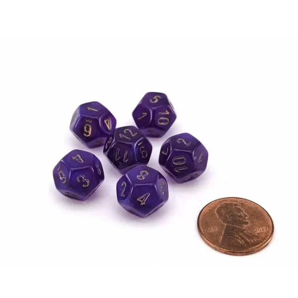 Luminary Borealis 12mm Mini 12 Sided D12 Dice, 6 Pieces - Royal Purple with Gold - Your Source for Gaming Essentials New