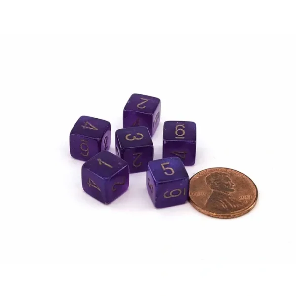 Luminary Borealis 9mm Mini 6 Sided D6 Dice, 6 Pieces - Royal Purple with Gold - Your Source for Gaming Essentials Fashion