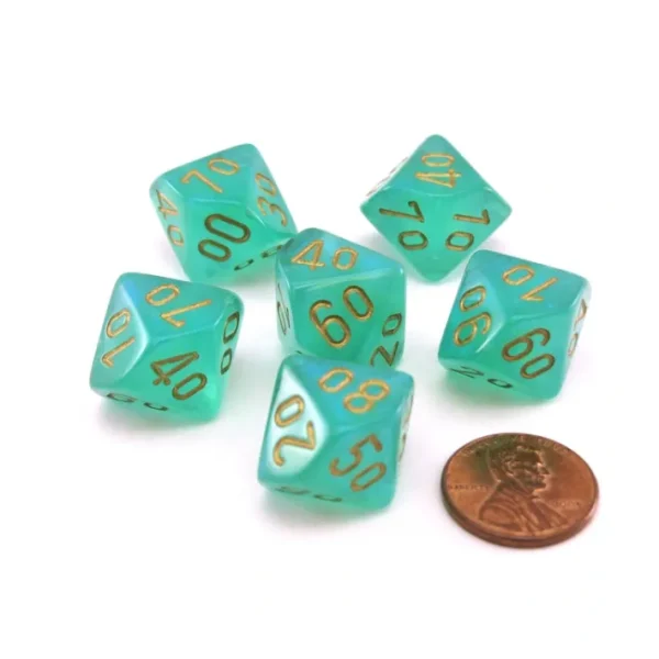 Luminary Borealis 16mm Tens D10 (00-90) Dice, 6 Pieces - Light Green with Gold - Your Source for Gaming Essentials Fashion