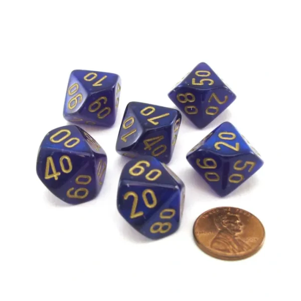 Luminary Borealis 16mm Tens D10 (00-90) Dice, 6 Pieces - Royal Purple with Gold - Your Source for Gaming Essentials Best