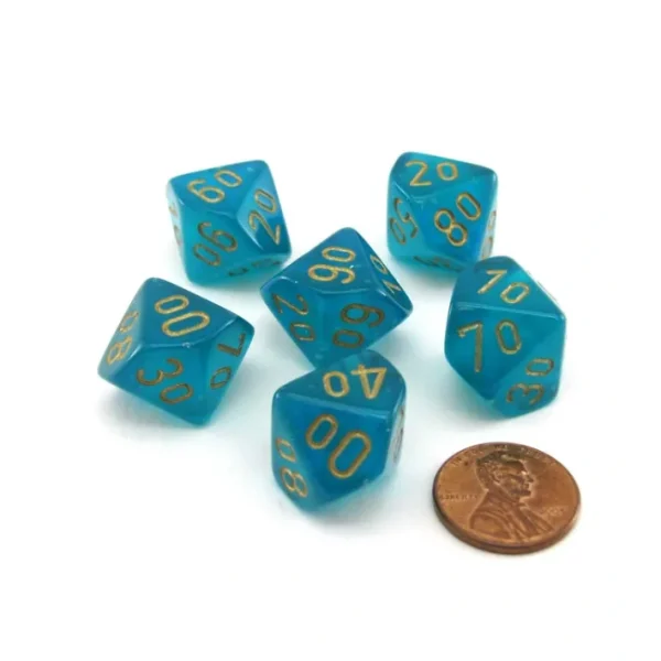 Luminary Borealis 16mm Tens D10 (00-90) Dice, 6 Pieces - Teal with Gold Numbers - Your Source for Gaming Essentials Cheap