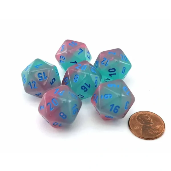 Luminary Gemini 20 Sided D20 Dice, 6 Pieces - Gel Green-Pink with Blue Numbers - Your Source for Gaming Essentials Best Sale