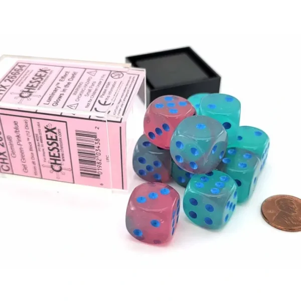 Luminary Gemini 16mm D6 Dice Block (12 Dice) - Gel Green-Pink with Blue Numbers - Your Source for Gaming Essentials Best Sale