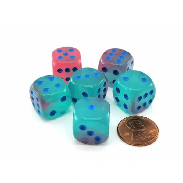 Luminary Gemini 16mm D6 Dice, 6 Pieces - Gel Green-Pink with Blue Numbers - Your Source for Gaming Essentials New