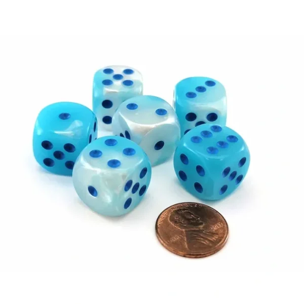 Luminary Gemini 16mm D6 Dice, 6 Pieces - Pearl Turquoise-White with Blue Numbers - Your Source for Gaming Essentials Cheap