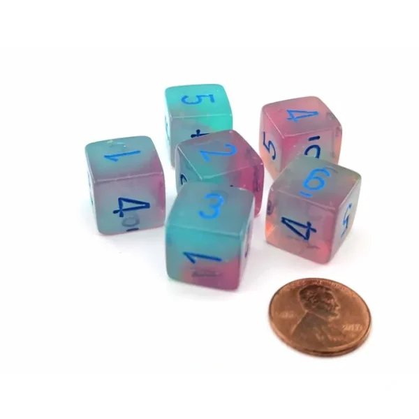 Luminary Gemini 15mm D6 Dice, 6 Pieces - Gel Green-Pink with Blue Numbers - Your Source for Gaming Essentials Sale