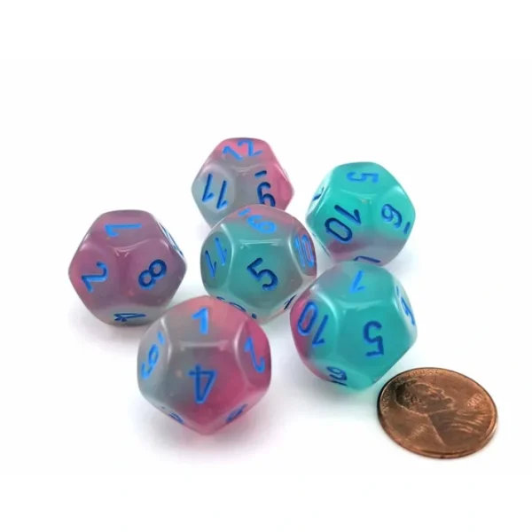 Luminary Gemini 18mm D12 Dice, 6 Pieces - Gel Green-Pink with Blue Numbers - Your Source for Gaming Essentials Store