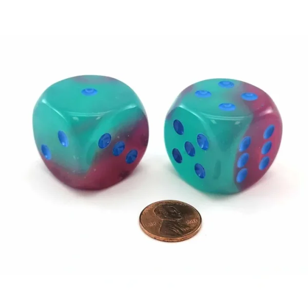 Luminary Gemini 30mm Large D6 Dice, 2 Pieces - Gel Green-Pink with Blue Pips - Your Source for Gaming Essentials Best