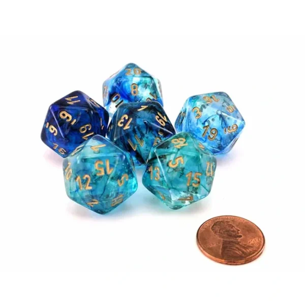 Luminary Nebula 20mm D20 Chessex Dice, 6 Pieces - Oceanic with Gold Numbers - Your Source for Gaming Essentials Online