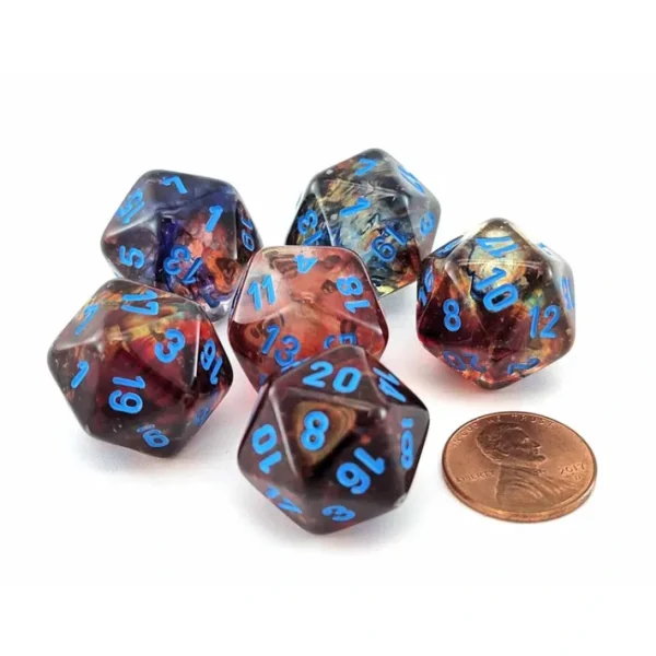 Luminary Nebula 20mm D20 Chessex Dice, 6 Pieces - Primary with Blue Numbers - Your Source for Gaming Essentials Online