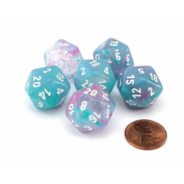 Luminary Nebula 20mm D20 Chessex Dice, 6 Pieces - Wisteria with White Numbers - Your Source for Gaming Essentials Online