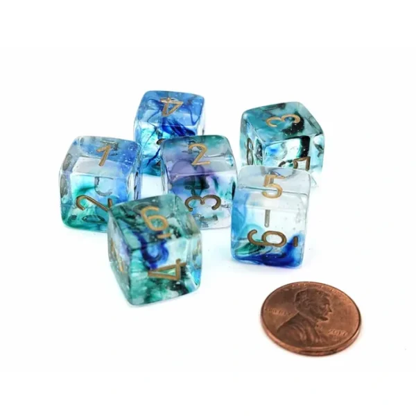 Luminary Nebula 15mm D6 Chessex Dice, 6 Pieces - Oceanic with Gold Numbers - Your Source for Gaming Essentials Clearance