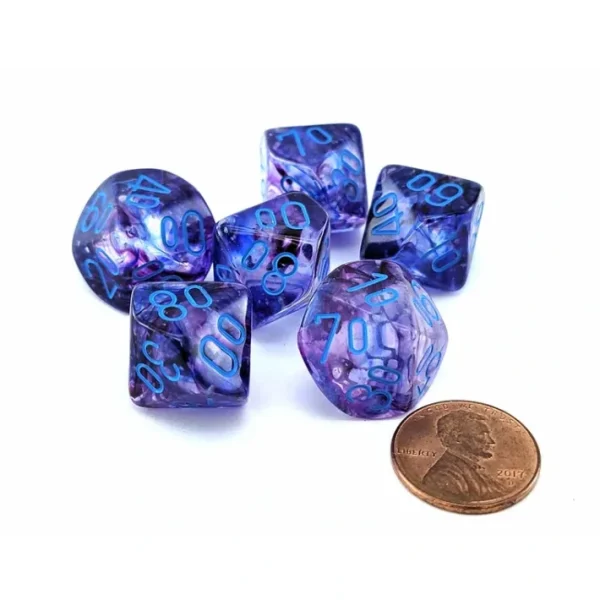 Luminary Nebula 16mm Tens D10 Percentile Dice, 6 Pieces - Nocturnal with Blue - Your Source for Gaming Essentials Online