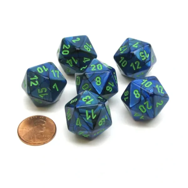 Lustrous 20 Sided D20 Chessex Dice, 6 Pieces - Dark Blue with Green Numbers - Your Source for Gaming Essentials Outlet